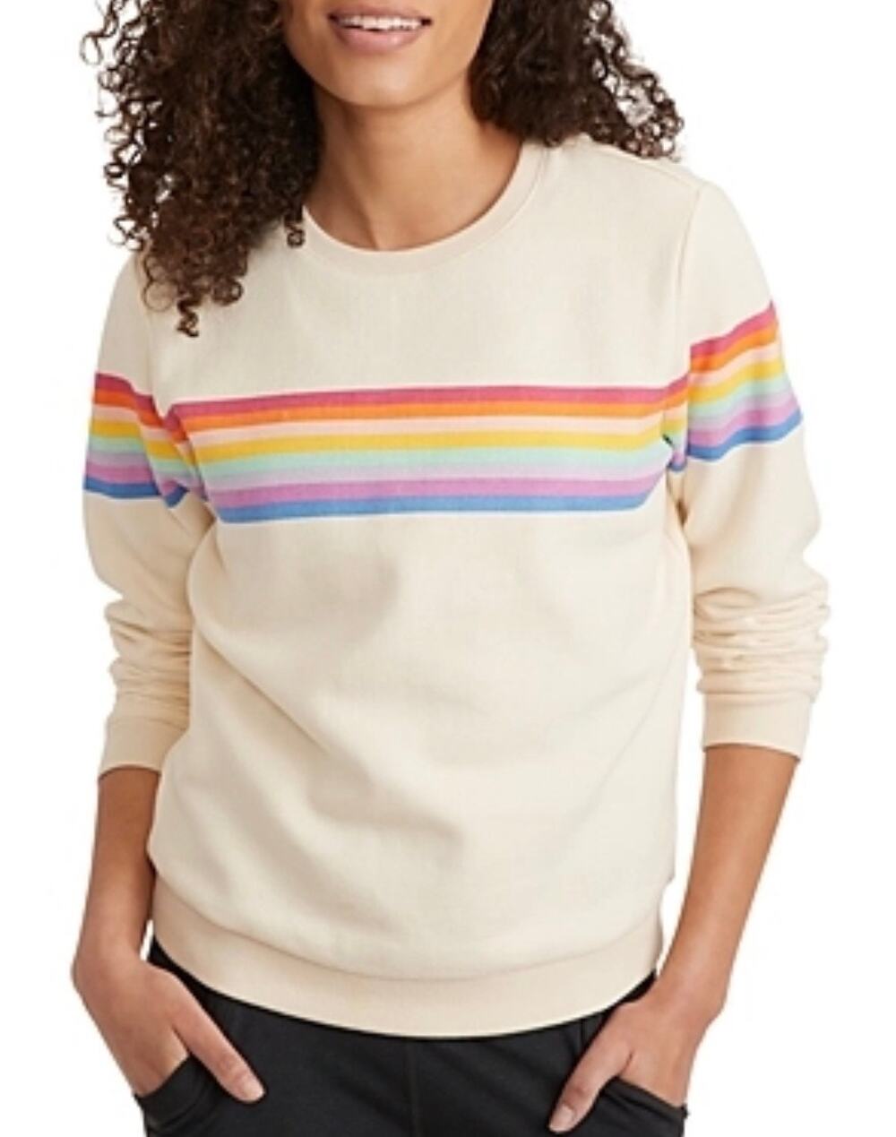 MARINE LAYER Anytime Rainbow Stripe Sweatshirt in Antique White
